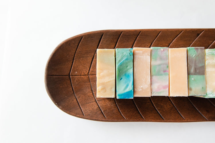 Goat Milk Soap Bars on a wooden tray